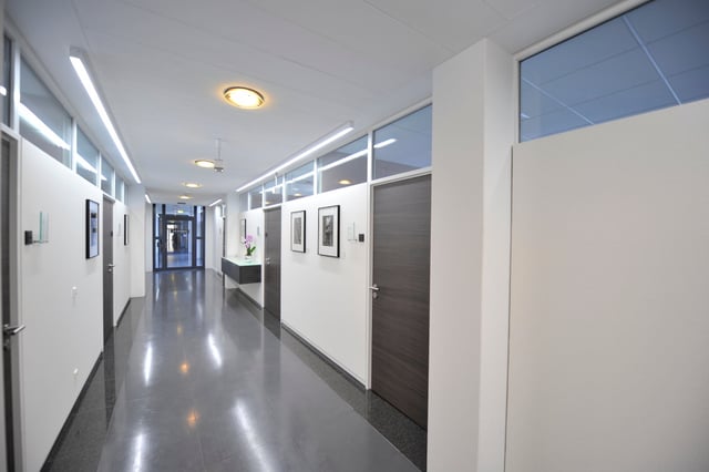 Langer Flur mit Glasoberlichtern, dunklen Türen und Bildern